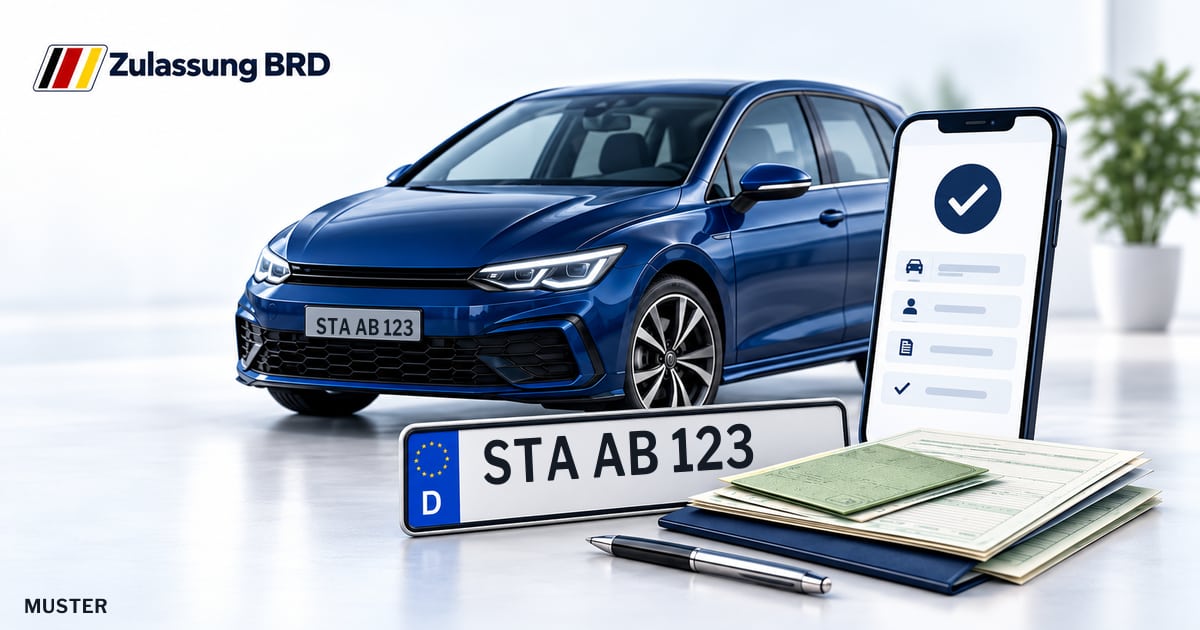 Online Fahrzeugzulassung in Gilching: Musterkennzeichen STA AB 123, Auto und Fahrzeugpapiere und Smartphone. Illustration mit Logo von Zulassung BRD.